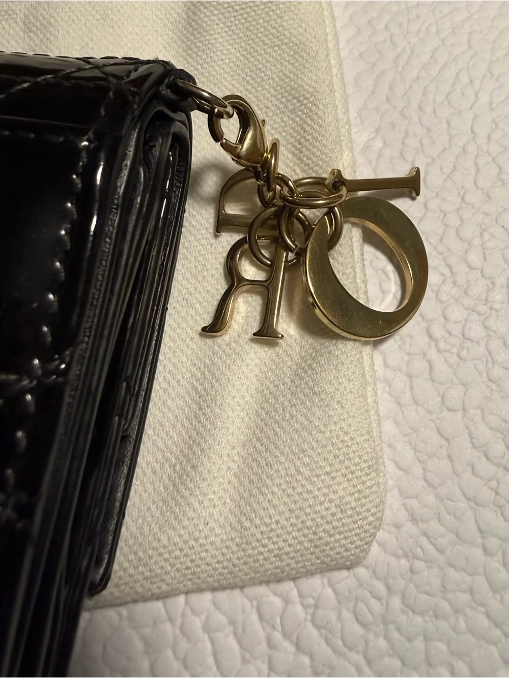 Dior Black Patent Quilted Trifold Wallet Gold tone Dior Charms! In Dustbag & COA